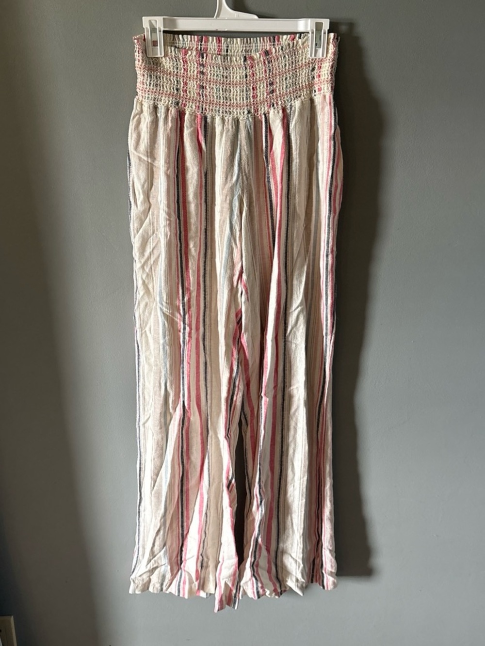 Striped Smocked-Waist Wide-Leg Pants in Cream and Pink